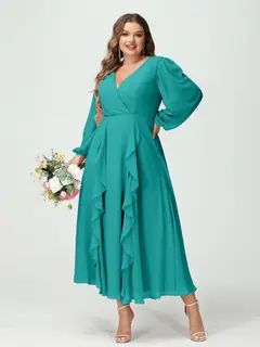 A-Line/Princess V-Neck Long Sleeves Chiffon Tea-Length Plus Size Bridesmaid Dresses with Pockets & Ruffles — view 53