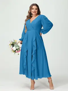 A-Line/Princess V-Neck Long Sleeves Chiffon Tea-Length Plus Size Bridesmaid Dresses with Pockets & Ruffles — view 54