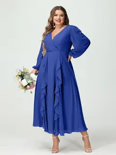 A-Line/Princess V-Neck Long Sleeves Chiffon Tea-Length Plus Size Bridesmaid Dresses with Pockets & Ruffles — view 55