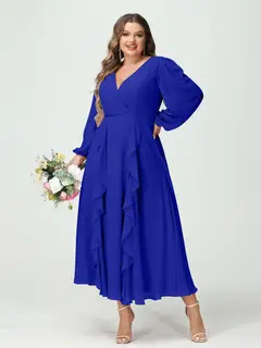 A-Line/Princess V-Neck Long Sleeves Chiffon Tea-Length Plus Size Bridesmaid Dresses with Pockets & Ruffles — view 56