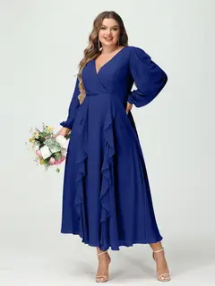 A-Line/Princess V-Neck Long Sleeves Chiffon Tea-Length Plus Size Bridesmaid Dresses with Pockets & Ruffles — view 57