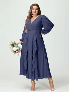 A-Line/Princess V-Neck Long Sleeves Chiffon Tea-Length Plus Size Bridesmaid Dresses with Pockets & Ruffles — view 58