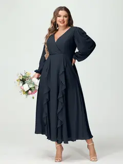A-Line/Princess V-Neck Long Sleeves Chiffon Tea-Length Plus Size Bridesmaid Dresses with Pockets & Ruffles — view 60