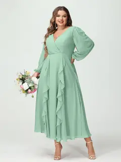 A-Line/Princess V-Neck Long Sleeves Chiffon Tea-Length Plus Size Bridesmaid Dresses with Pockets & Ruffles — view 62
