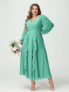 A-Line/Princess V-Neck Long Sleeves Chiffon Tea-Length Plus Size Bridesmaid Dresses with Pockets & Ruffles — view 63