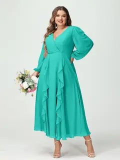 A-Line/Princess V-Neck Long Sleeves Chiffon Tea-Length Plus Size Bridesmaid Dresses with Pockets & Ruffles — view 64