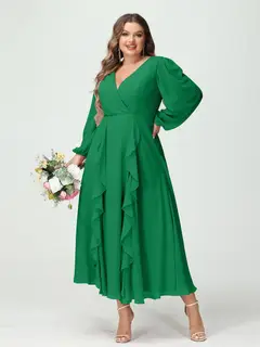A-Line/Princess V-Neck Long Sleeves Chiffon Tea-Length Plus Size Bridesmaid Dresses with Pockets & Ruffles — view 65