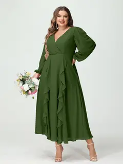 A-Line/Princess V-Neck Long Sleeves Chiffon Tea-Length Plus Size Bridesmaid Dresses with Pockets & Ruffles — view 66