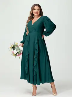 A-Line/Princess V-Neck Long Sleeves Chiffon Tea-Length Plus Size Bridesmaid Dresses with Pockets & Ruffles — view 67