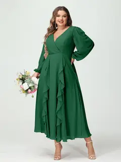 A-Line/Princess V-Neck Long Sleeves Chiffon Tea-Length Plus Size Bridesmaid Dresses with Pockets & Ruffles — view 68