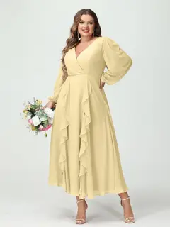 A-Line/Princess V-Neck Long Sleeves Chiffon Tea-Length Plus Size Bridesmaid Dresses with Pockets & Ruffles — view 69