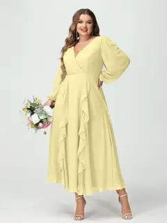 A-Line/Princess V-Neck Long Sleeves Chiffon Tea-Length Plus Size Bridesmaid Dresses with Pockets & Ruffles — view 70