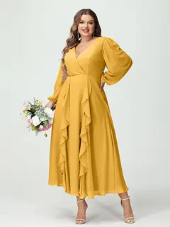 A-Line/Princess V-Neck Long Sleeves Chiffon Tea-Length Plus Size Bridesmaid Dresses with Pockets & Ruffles — view 71