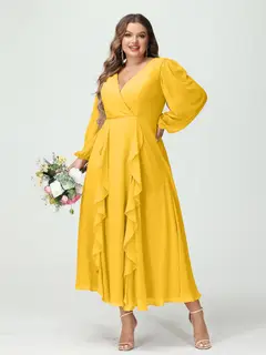 A-Line/Princess V-Neck Long Sleeves Chiffon Tea-Length Plus Size Bridesmaid Dresses with Pockets & Ruffles — view 72