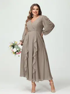 A-Line/Princess V-Neck Long Sleeves Chiffon Tea-Length Plus Size Bridesmaid Dresses with Pockets & Ruffles — view 74