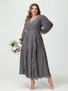 A-Line/Princess V-Neck Long Sleeves Chiffon Tea-Length Plus Size Bridesmaid Dresses with Pockets & Ruffles — view 75