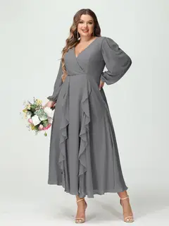 A-Line/Princess V-Neck Long Sleeves Chiffon Tea-Length Plus Size Bridesmaid Dresses with Pockets & Ruffles — view 76