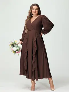 A-Line/Princess V-Neck Long Sleeves Chiffon Tea-Length Plus Size Bridesmaid Dresses with Pockets & Ruffles — view 77