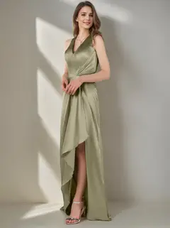 A-Line/Princess V-Neck Sleeveless Asymmetrical Bridesmaid Dresses with Split Side & Ruffles — view 1