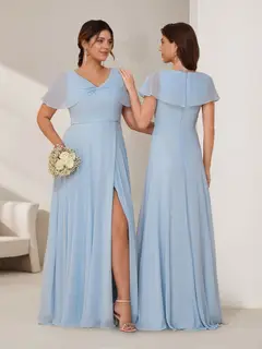 A-Line/Princess V-Neck Short Sleeves Floor-Length Bridesmaid Dresses with Split Side — LV98806069 — view 2