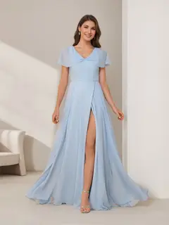 A-Line/Princess V-Neck Short Sleeves Floor-Length Bridesmaid Dresses with Split Side — LV98806069 — view 3