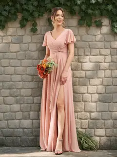 A-Line/Princess V-Neck Short Sleeves Floor-Length Bridesmaid Dresses with Split Side — LV99155765 — view 1