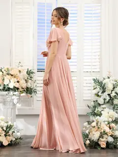 A-Line/Princess V-Neck Short Sleeves Floor-Length Bridesmaid Dresses with Split Side — LV99155765 — view 3