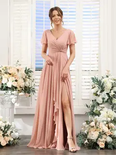 A-Line/Princess V-Neck Short Sleeves Floor-Length Bridesmaid Dresses with Split Side — LV99155765 — view 6