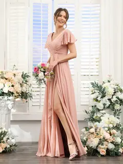 A-Line/Princess V-Neck Short Sleeves Floor-Length Bridesmaid Dresses with Split Side — LV99155765 — view 7