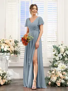 A-Line/Princess V-Neck Short Sleeves Floor-Length Bridesmaid Dresses with Split Side — LV99155765 — view 9