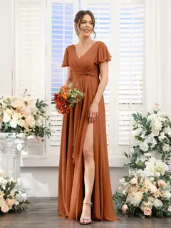 A-Line/Princess V-Neck Short Sleeves Floor-Length Bridesmaid Dresses with Split Side — LV99155765 — view 10