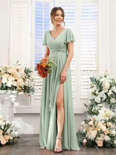 A-Line/Princess V-Neck Short Sleeves Floor-Length Bridesmaid Dresses with Split Side — LV99155765 — view 11