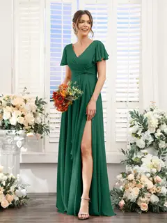 A-Line/Princess V-Neck Short Sleeves Floor-Length Bridesmaid Dresses with Split Side — LV99155765 — view 12