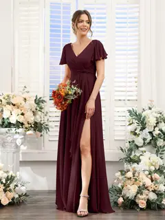 A-Line/Princess V-Neck Short Sleeves Floor-Length Bridesmaid Dresses with Split Side — LV99155765 — view 13