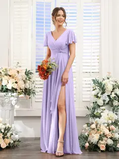 A-Line/Princess V-Neck Short Sleeves Floor-Length Bridesmaid Dresses with Split Side — LV99155765 — view 15