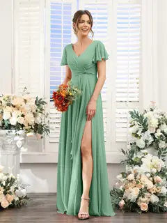 A-Line/Princess V-Neck Short Sleeves Floor-Length Bridesmaid Dresses with Split Side — LV99155765 — view 18