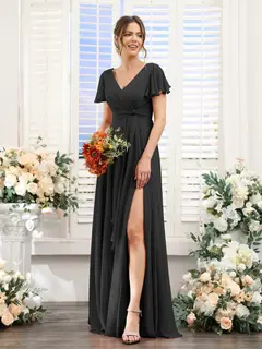 A-Line/Princess V-Neck Short Sleeves Floor-Length Bridesmaid Dresses with Split Side — LV99155765 — view 19