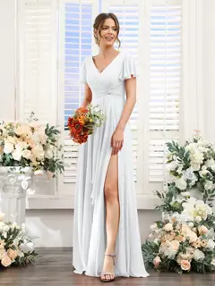 A-Line/Princess V-Neck Short Sleeves Floor-Length Bridesmaid Dresses with Split Side — LV99155765 — view 20
