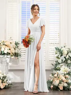 A-Line/Princess V-Neck Short Sleeves Floor-Length Bridesmaid Dresses with Split Side — LV99155765 — view 21