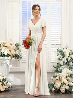 A-Line/Princess V-Neck Short Sleeves Floor-Length Bridesmaid Dresses with Split Side — LV99155765 — view 22