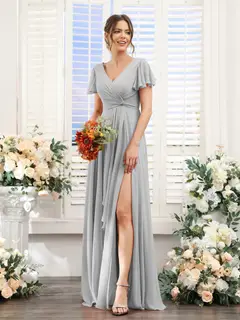 A-Line/Princess V-Neck Short Sleeves Floor-Length Bridesmaid Dresses with Split Side — LV99155765 — view 23