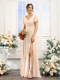 A-Line/Princess V-Neck Short Sleeves Floor-Length Bridesmaid Dresses with Split Side — LV99155765 — view 24