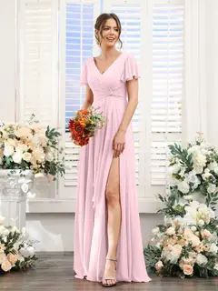 A-Line/Princess V-Neck Short Sleeves Floor-Length Bridesmaid Dresses with Split Side — LV99155765 — view 26