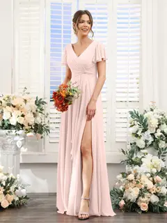 A-Line/Princess V-Neck Short Sleeves Floor-Length Bridesmaid Dresses with Split Side — LV99155765 — view 28