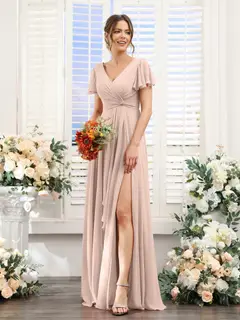 A-Line/Princess V-Neck Short Sleeves Floor-Length Bridesmaid Dresses with Split Side — LV99155765 — view 29