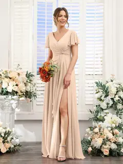 A-Line/Princess V-Neck Short Sleeves Floor-Length Bridesmaid Dresses with Split Side — LV99155765 — view 30