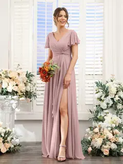 A-Line/Princess V-Neck Short Sleeves Floor-Length Bridesmaid Dresses with Split Side — LV99155765 — view 31