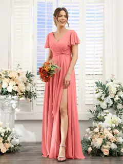 A-Line/Princess V-Neck Short Sleeves Floor-Length Bridesmaid Dresses with Split Side — LV99155765 — view 33