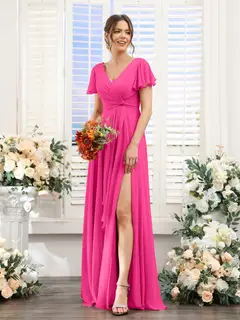A-Line/Princess V-Neck Short Sleeves Floor-Length Bridesmaid Dresses with Split Side — LV99155765 — view 34