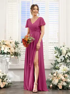 A-Line/Princess V-Neck Short Sleeves Floor-Length Bridesmaid Dresses with Split Side — LV99155765 — view 36